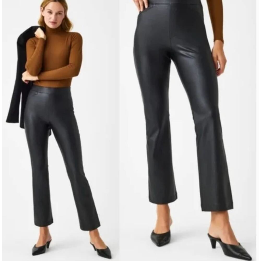 SPANX Black Faux Leather Kick Flare Ankle Crop Pants Size L